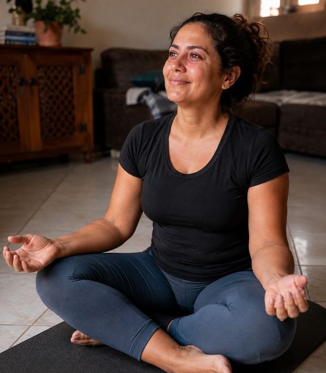 Mulher sentada no tapete, com expressão de alívio e leveza