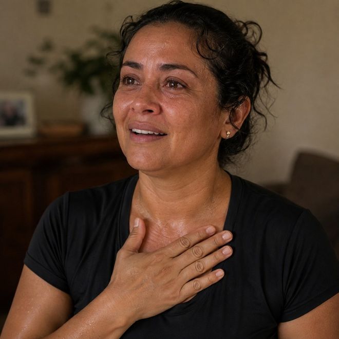 Mulher emocionada, com a mão no peito, depois de treinar