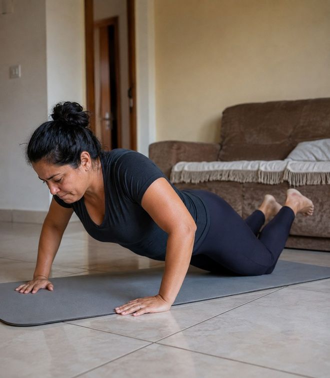 Mulher fazendo flexão modificada, com expressão de esforço e determinação